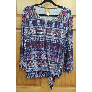 Ruby Rd Size M Tie Front Top Stretch Knit Casual Bell Hem on Sleeves